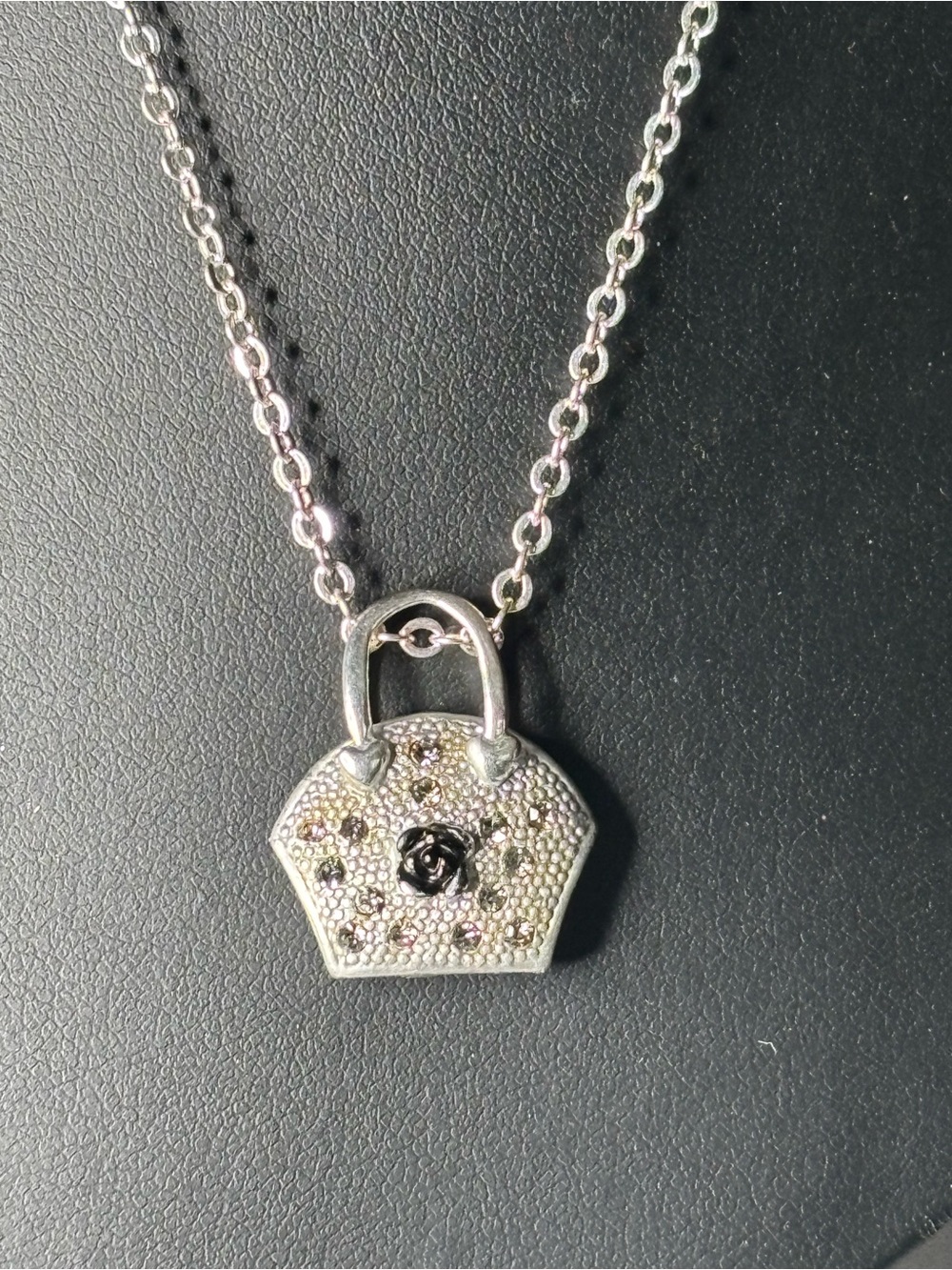 Silver Tone Handbag Purse Pendant Necklace Rhinestone Black Rose Y2K 18”